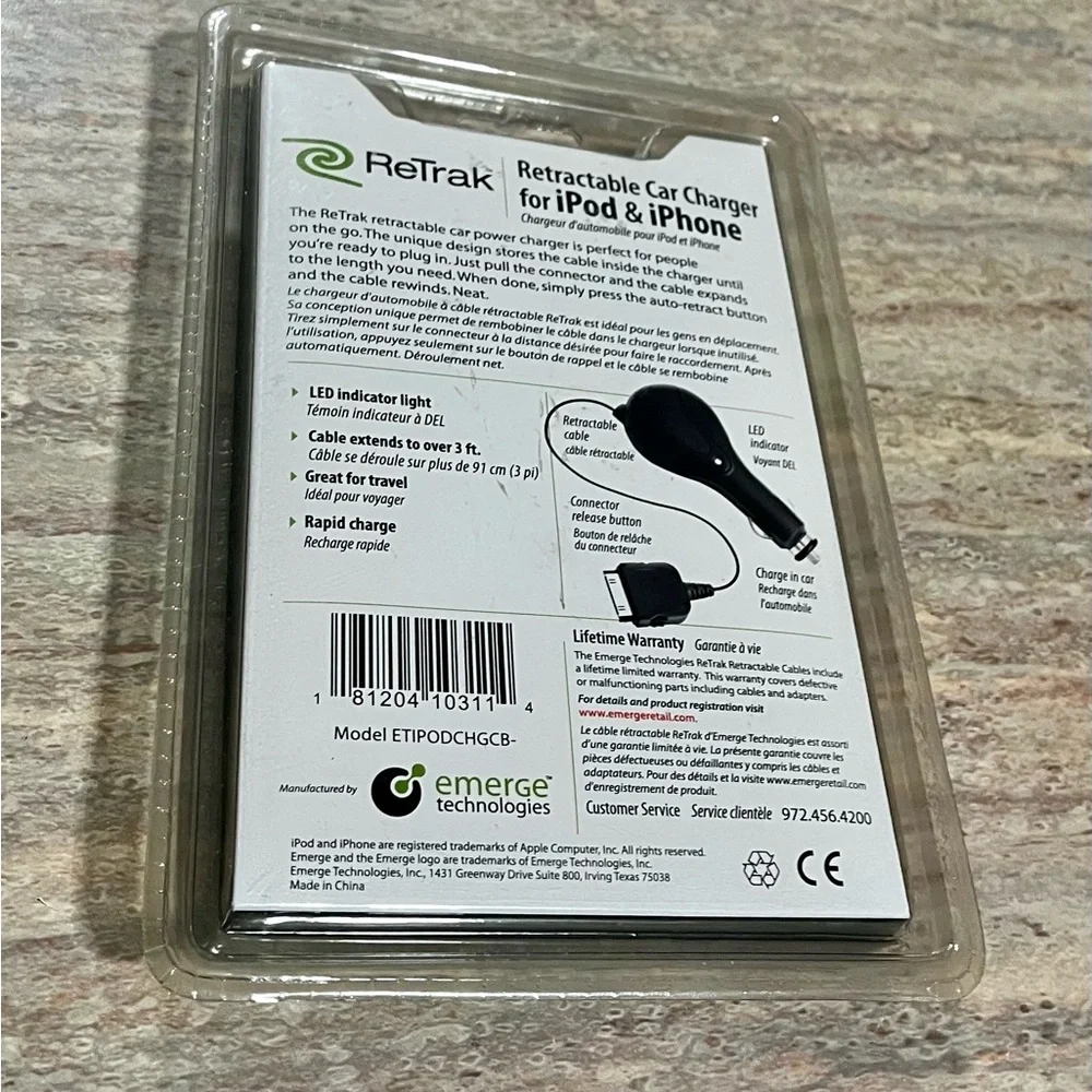 NIB ReTrak retractable iPod and iPhone car charger